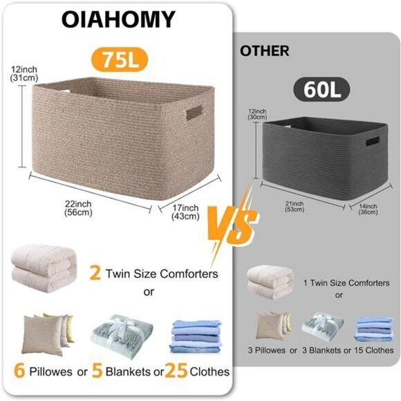 Large Woven Blanket Storage Basket Cotton Rope Toy Organizer with Handles - Picture 3 of 7